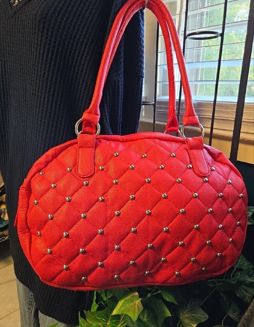 Bold Red Studded & Quilted Satchel Bag By BONGO